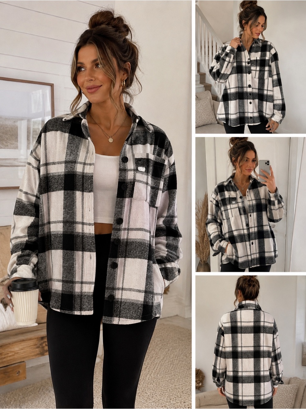 Black & Ivory Plaid Oversized Shacket Button Front Flannel Jacket